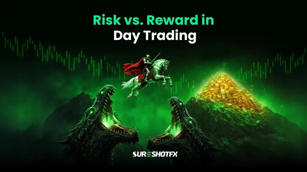Risk vs reward in day trading showing market volatility, price movement charts, and potential profits versus losses.