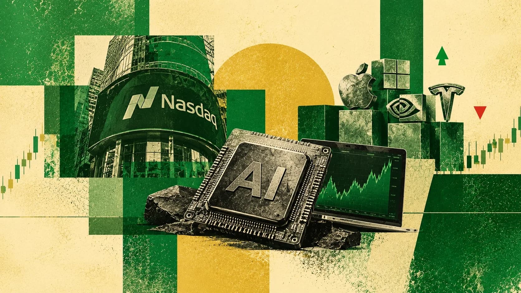 Nasdaq 100 AI selloff spreading across markets, featuring an AI chip, Nasdaq building, tech giants, and a stock market chart.