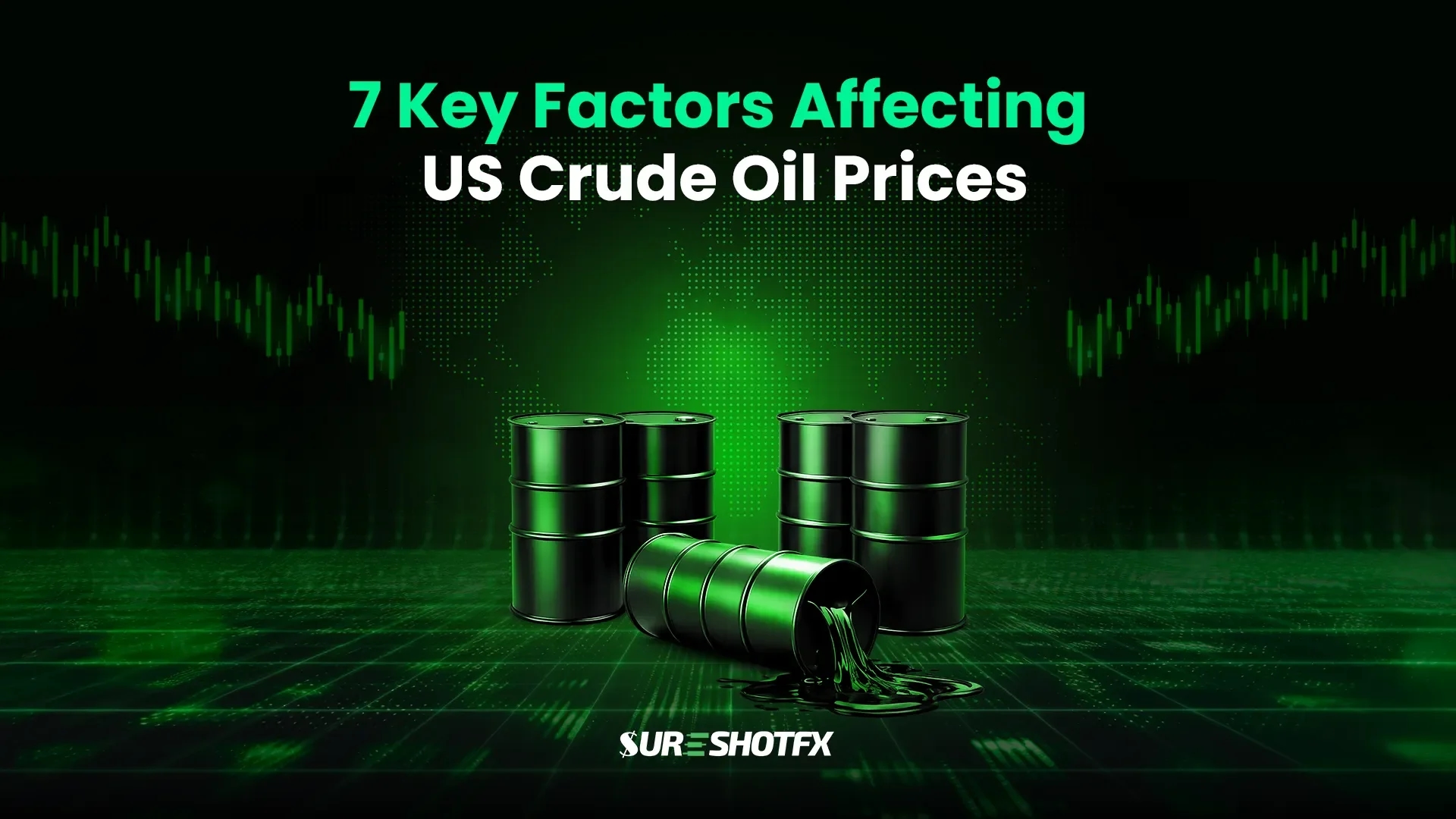 7 Key Factors Affecting US Crude Oil Prices illustrated with oil barrels, global market background, and price charts showing supply, demand, and market influence on USOIL
