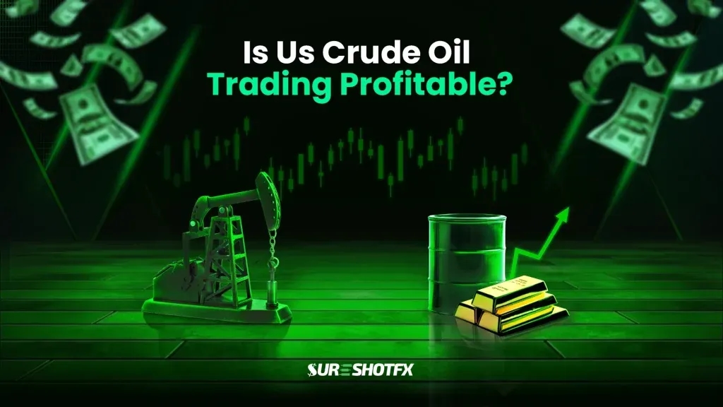 Is US crude oil trading profitable illustration showing oil pumpjack, oil barrel, gold bars, and rising price chart representing profit potential in USOIL trading