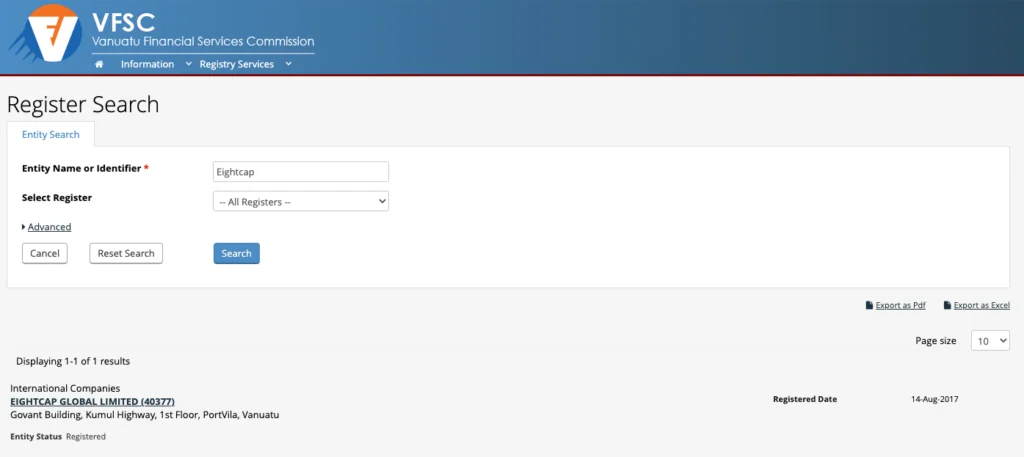 Eightcap onVanuatu Financial Services Commission (VFSC)