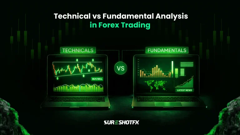 Visual comparison of technical vs fundamental analysis in forex trading, with price charts and indicators on one side and economic data and news analysis on the other
