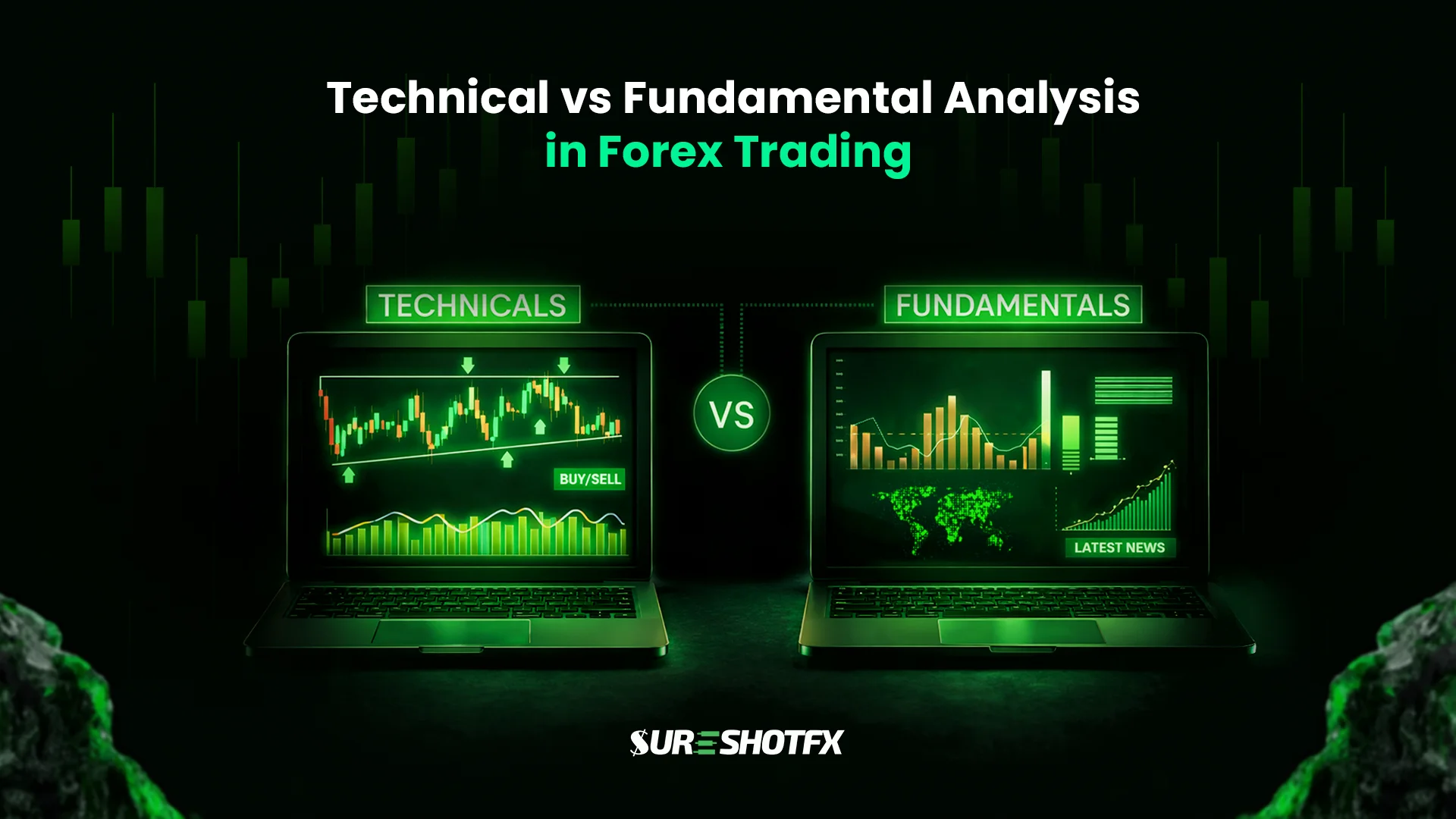 Visual comparison of technical vs fundamental analysis in forex trading, with price charts and indicators on one side and economic data and news analysis on the other