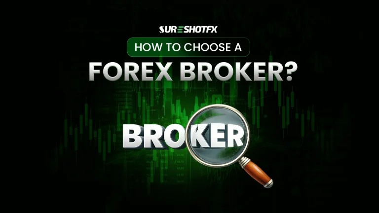 How to choose a forex broker illustration showing magnifying glass highlighting broker selection on trading chart background