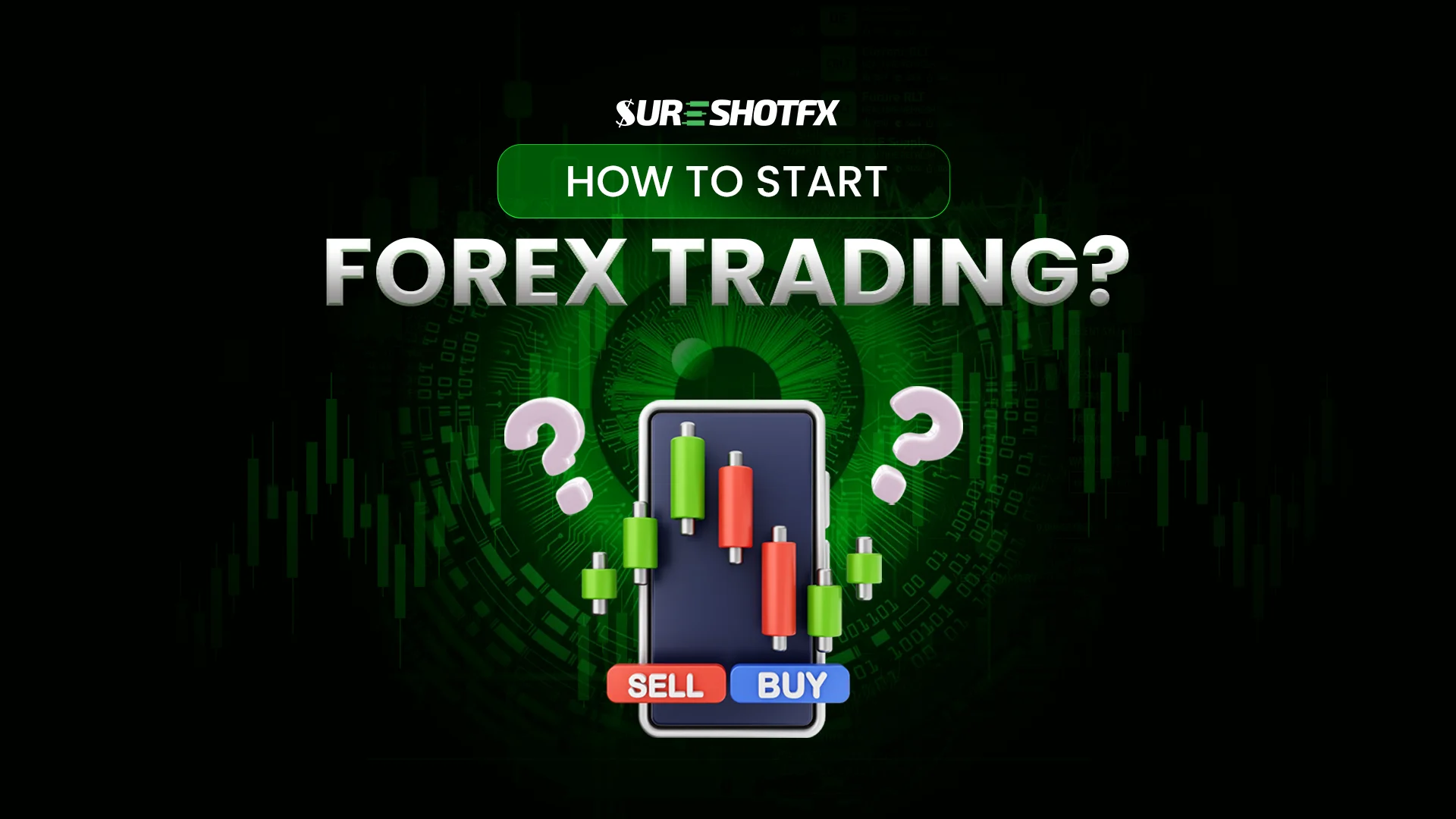 How to start forex trading illustration showing buy and sell candlestick charts on a mobile trading screen for beginners