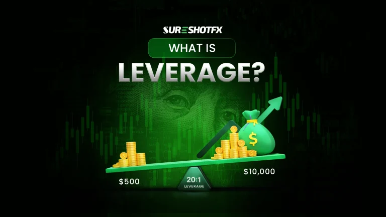 What is leverage in forex trading illustration showing $500 controlling $10,000 using 20:1 leverage with balance scale and profit growth
