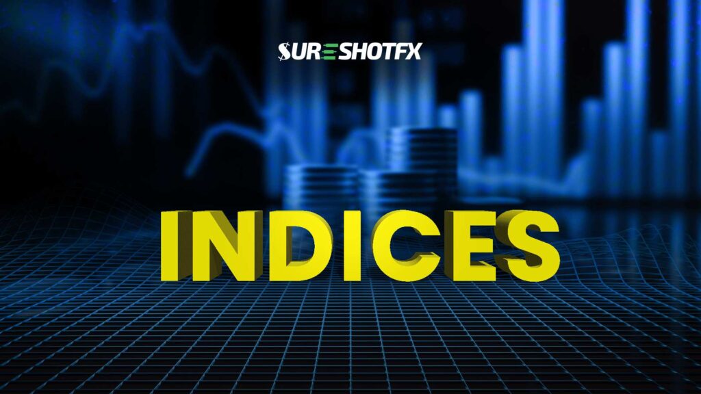Dark blue chart background showing "INDICES" in Yellow Text