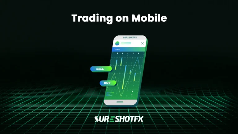 green background and a mobile showing forex chart depicts trading on mobile