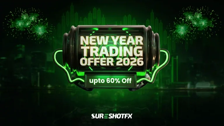 SureShotFX New Year Trading Offer 2026 with up to 60% off, highlighting discounted forex trading plans, premium signals, and New Year celebration graphics.