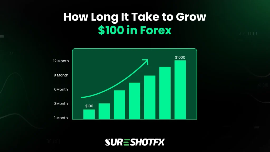 How long it takes to grow $100 in forex trading shown with a monthly growth chart from $100 to $1,000, illustrating realistic forex account growth over 12 months.