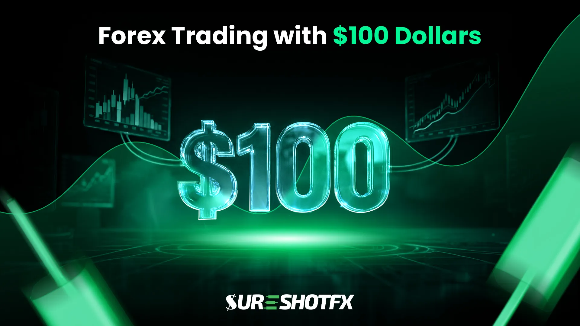 Forex trading with $100 dollars concept image showing $100 investment, price charts, and market growth visuals, representing beginner-friendly low-capital forex trading.