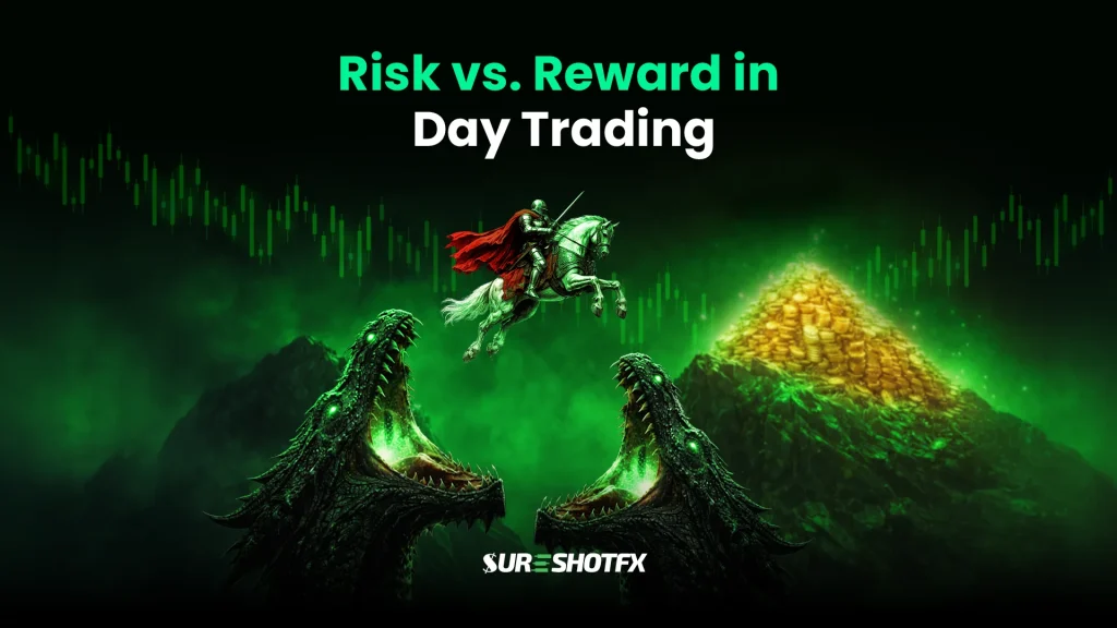 Risk vs reward in day trading showing market volatility, price movement charts, and potential profits versus losses.