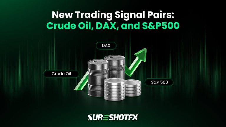Illustration showing Crude Oil, DAX, and S&P 500 trading instruments with oil barrels, stacked coins, and an upward arrow representing market movement.