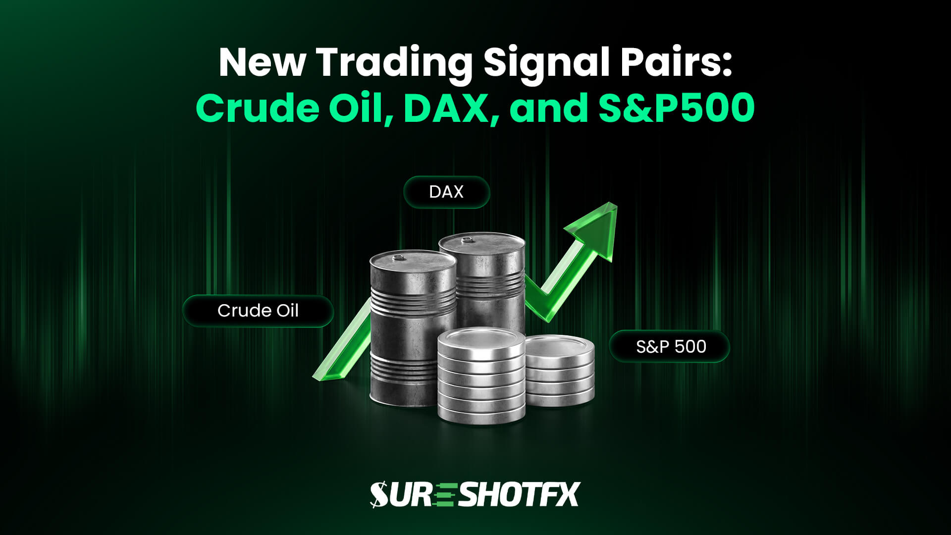 Illustration showing Crude Oil, DAX, and S&P 500 trading instruments with oil barrels, stacked coins, and an upward arrow representing market movement.
