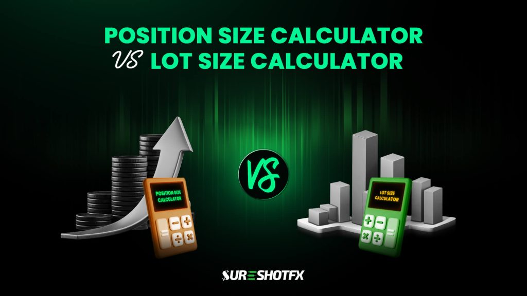 Position size calculator vs lot size calculator comparison graphic featuring trading calculators, growth charts, and SureShotFX branding — explaining the difference between position sizing and lot sizing in forex trading.