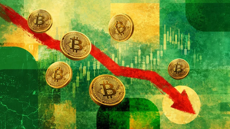 Bitcoin price decline illustrated with falling BTC coins and a red downward arrow on a crypto candlestick chart background, representing BTC/USD market drop, bearish trend, and cryptocurrency volatility.