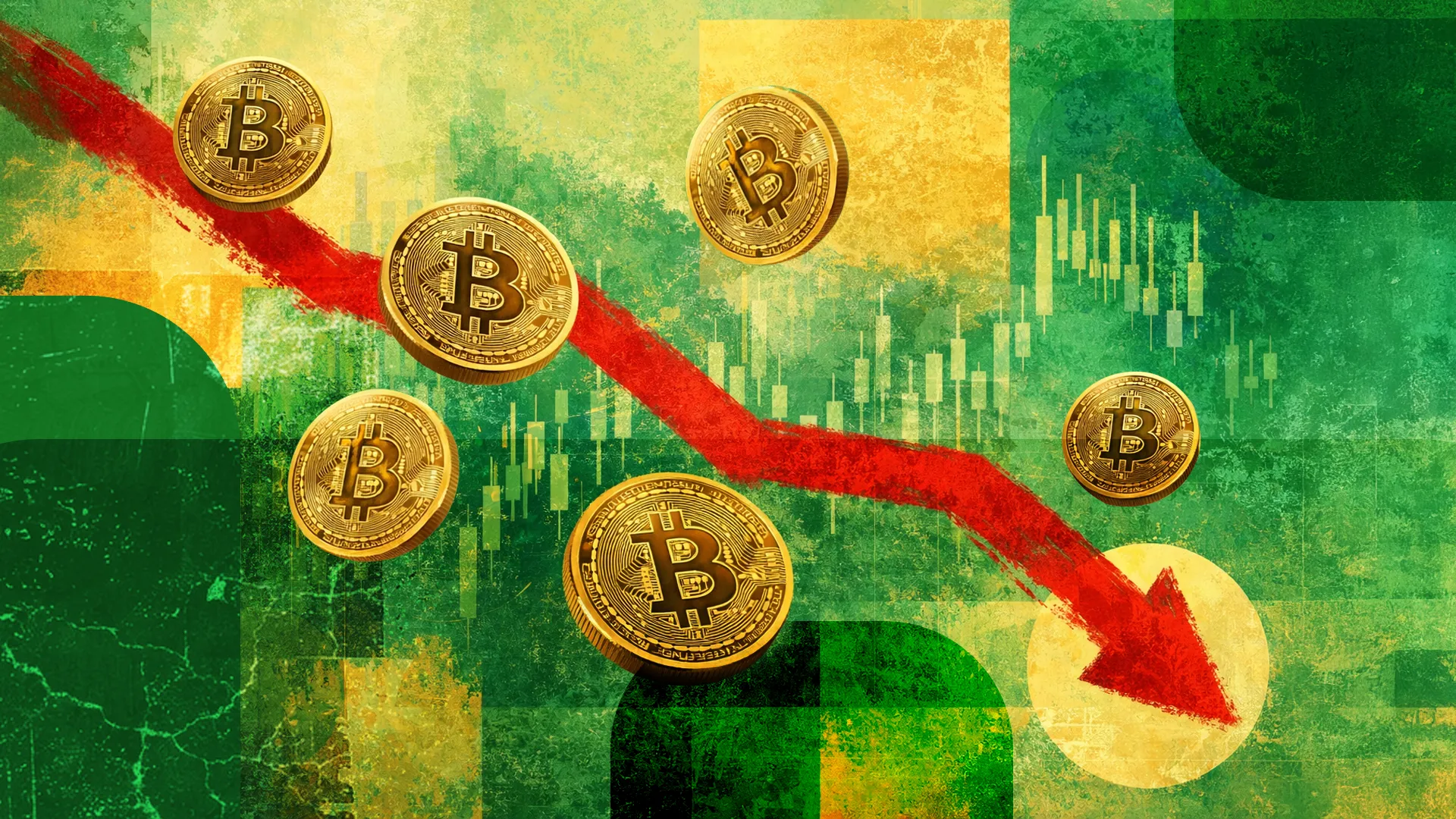 Bitcoin price decline illustrated with falling BTC coins and a red downward arrow on a crypto candlestick chart background, representing BTC/USD market drop, bearish trend, and cryptocurrency volatility.