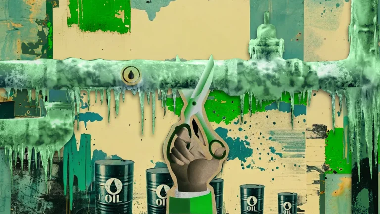 Conceptual illustration showing oil prices stuck in a tight range, with frozen pipelines, oil barrels, and market pressure symbolizing crude oil price stagnation amid supply cuts, demand uncertainty, and global energy market volatility