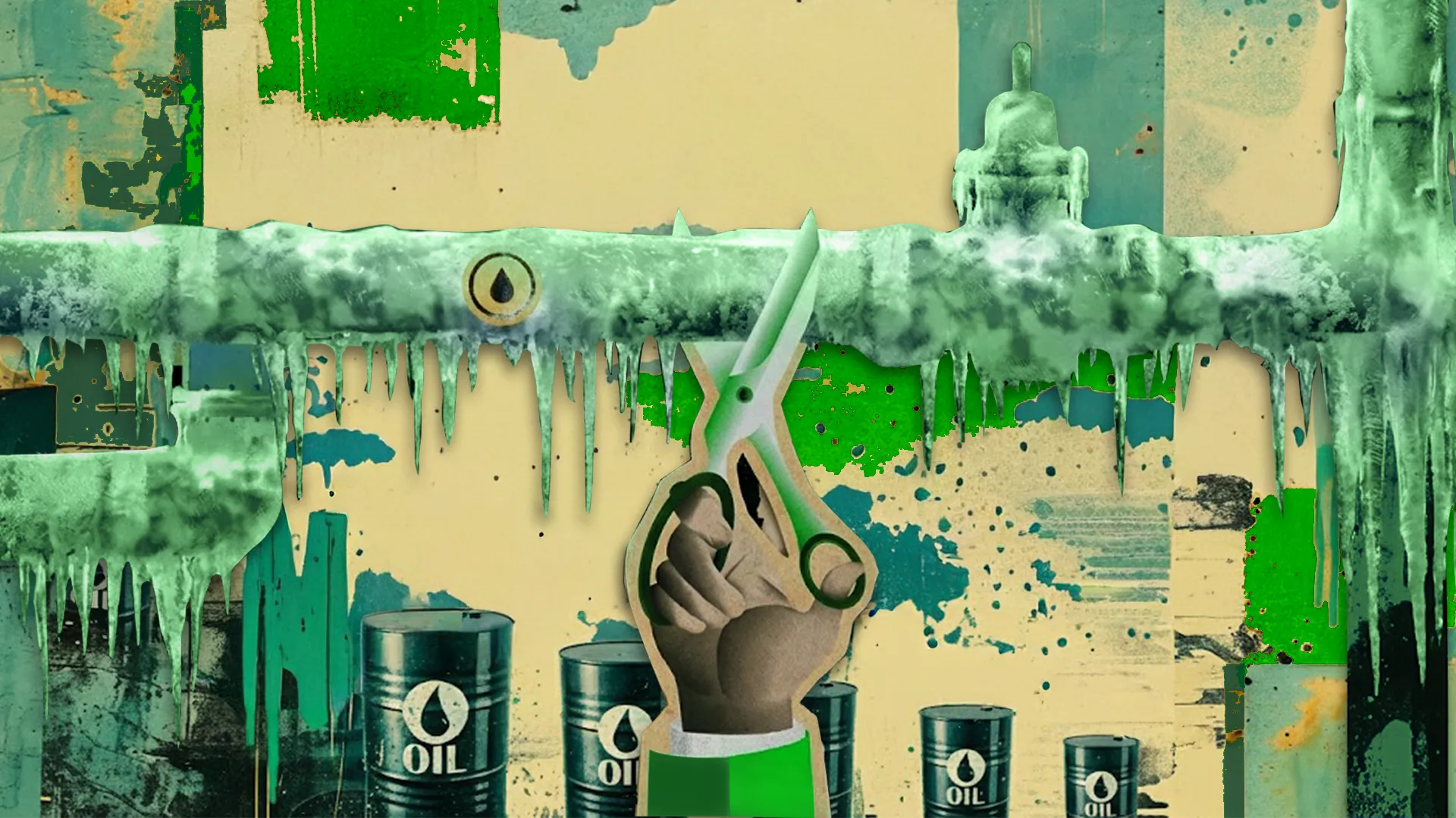 Conceptual illustration showing oil prices stuck in a tight range, with frozen pipelines, oil barrels, and market pressure symbolizing crude oil price stagnation amid supply cuts, demand uncertainty, and global energy market volatility