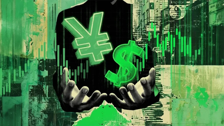 Conceptual illustration representing USD vs JPY forex trading, showing dollar and yen symbols with candlestick charts, highlighting market volatility, price movement, and news-driven currency analysis.