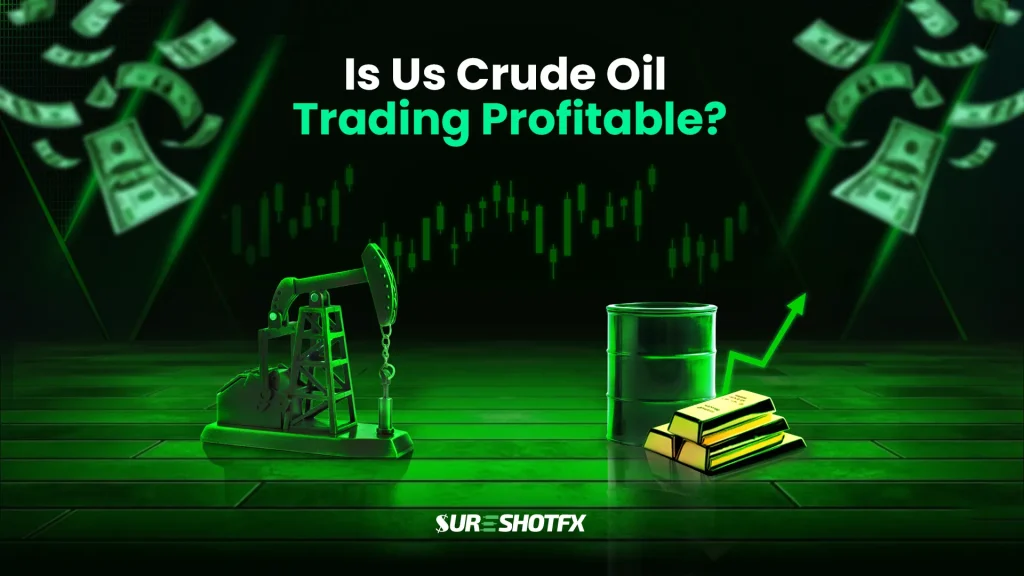 Is US crude oil trading profitable illustration showing oil pumpjack, oil barrel, gold bars, and rising price chart representing profit potential in USOIL trading