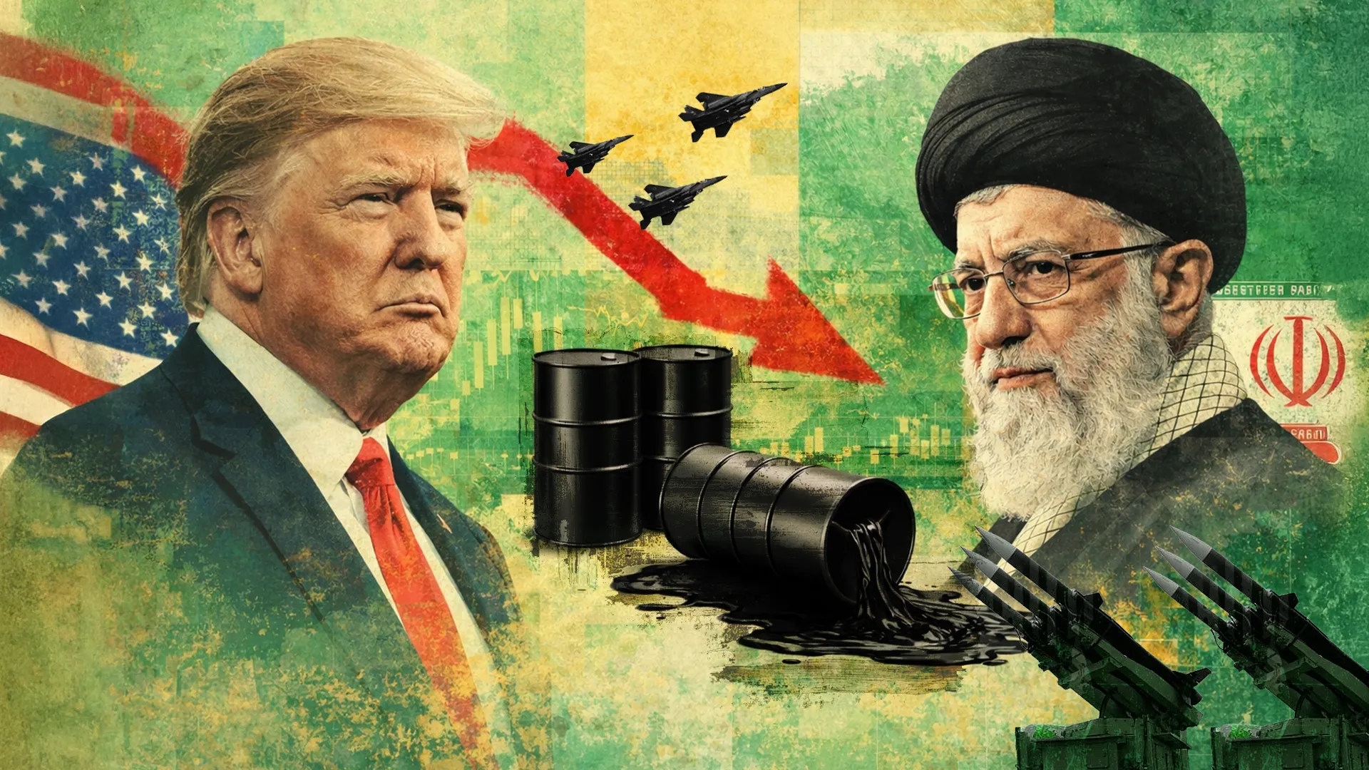 Crude oil prices fall nearly 4% amid US-Iran tensions, illustrated by Donald Trump and Iran’s Supreme Leader facing off with military jets, missiles, falling oil barrels, and a red downward arrow signaling market decline and oil price volatility.
