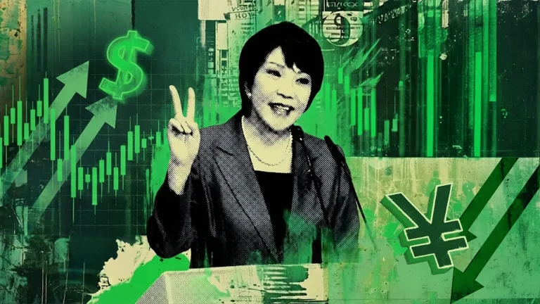 USD/JPY outlook showing market volatility after Iron Lady Takaichi’s historic win, with rising price charts and yen and dollar currency symbols.