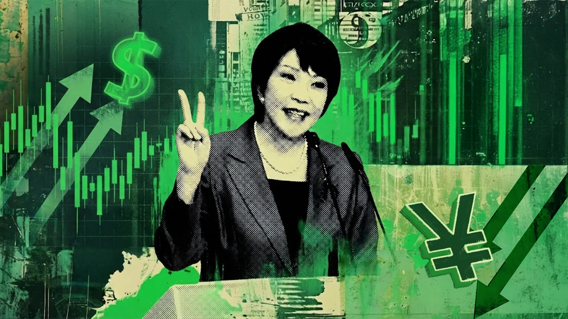 USD/JPY outlook showing market volatility after Iron Lady Takaichi’s historic win, with rising price charts and yen and dollar currency symbols.