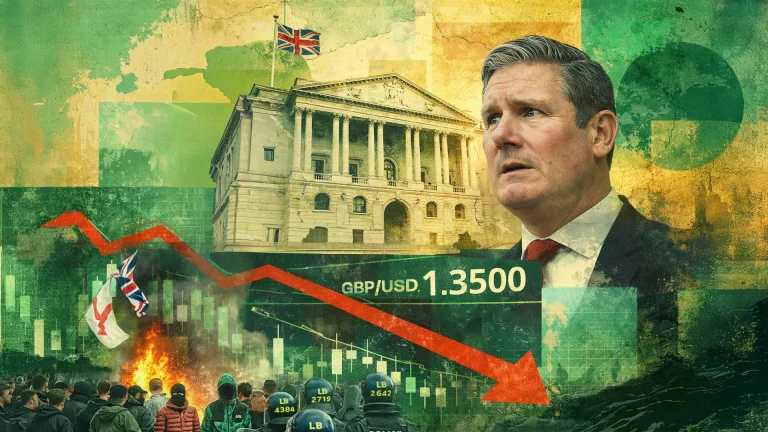 GBPUSD falls below 1.3500 after hawkish Fed and BoE rate cut expectations, UK political tensions weigh on Pound Sterling with Bank of England backdrop and bearish chart.